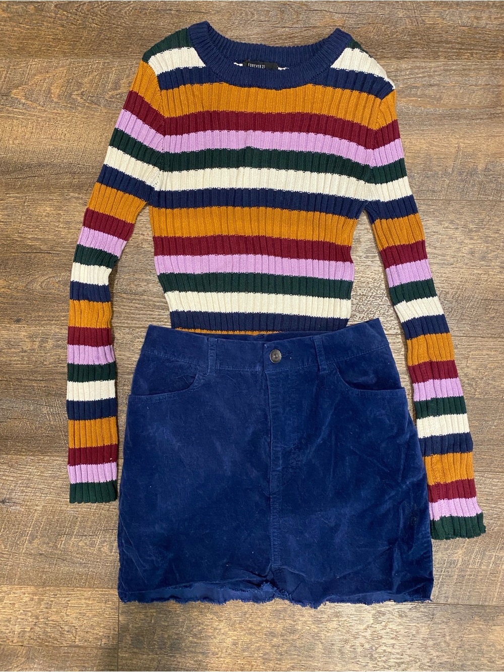 Striped Ribbed Long-Sleeve Sweater and skirt outfit
